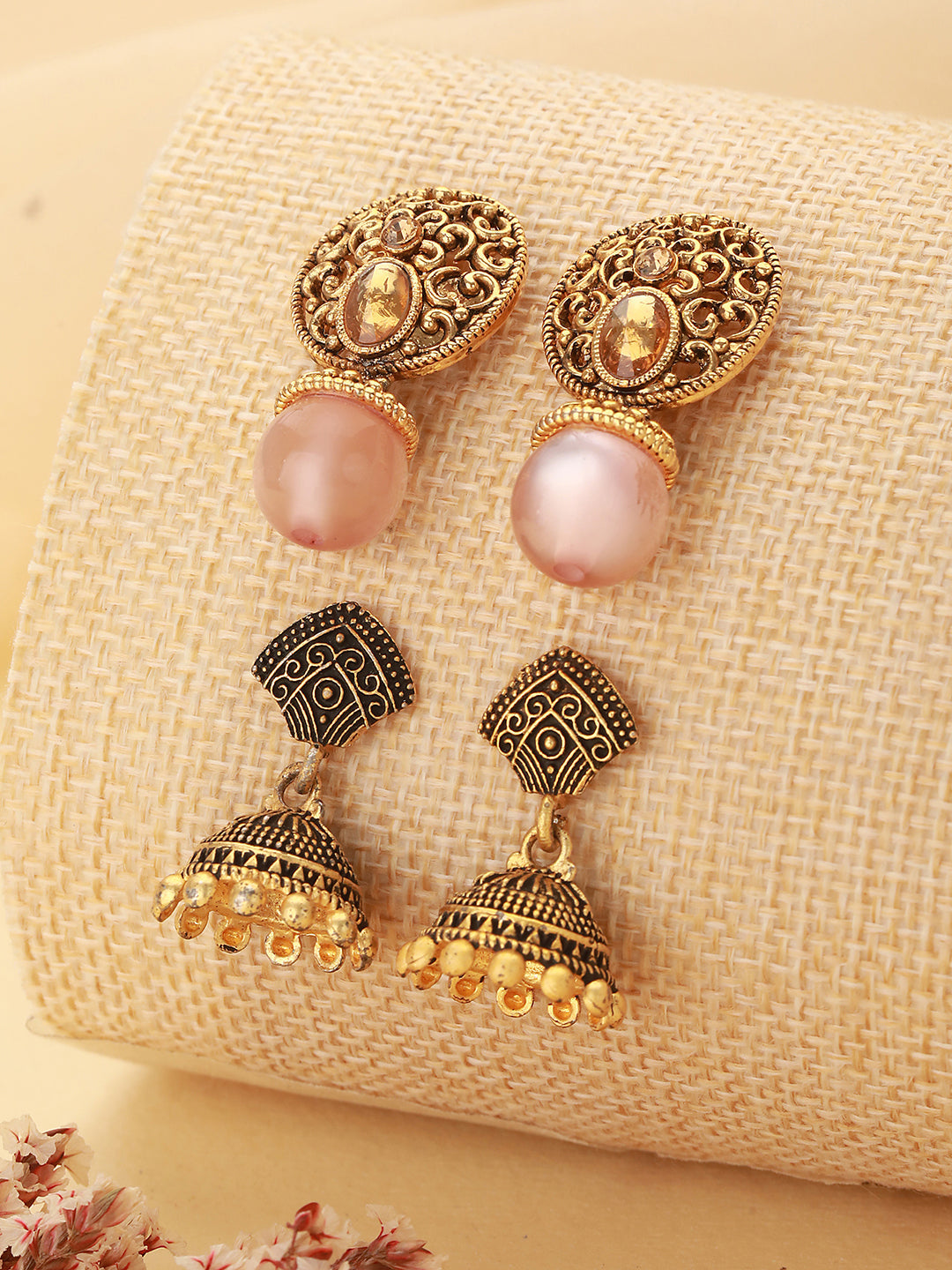 Set Of 2 Gold-Plated & Dome Shaped Drop Earrings