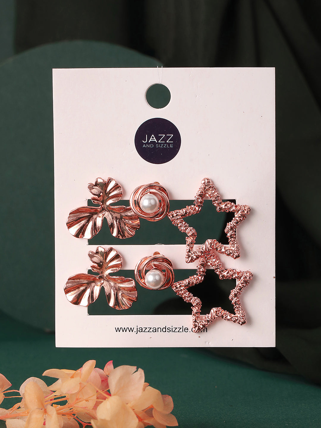 Set Of 3 Rose Gold Plated Star & Floral Shaped Stud Earrings