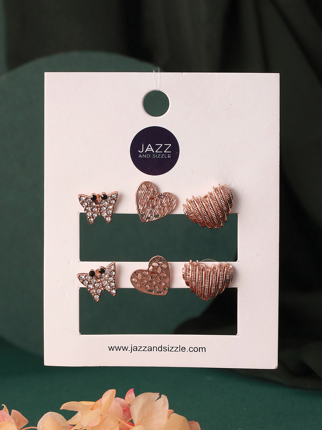 Set Of 3 Rosegold-Plated Heart Shaped Stud Earrings