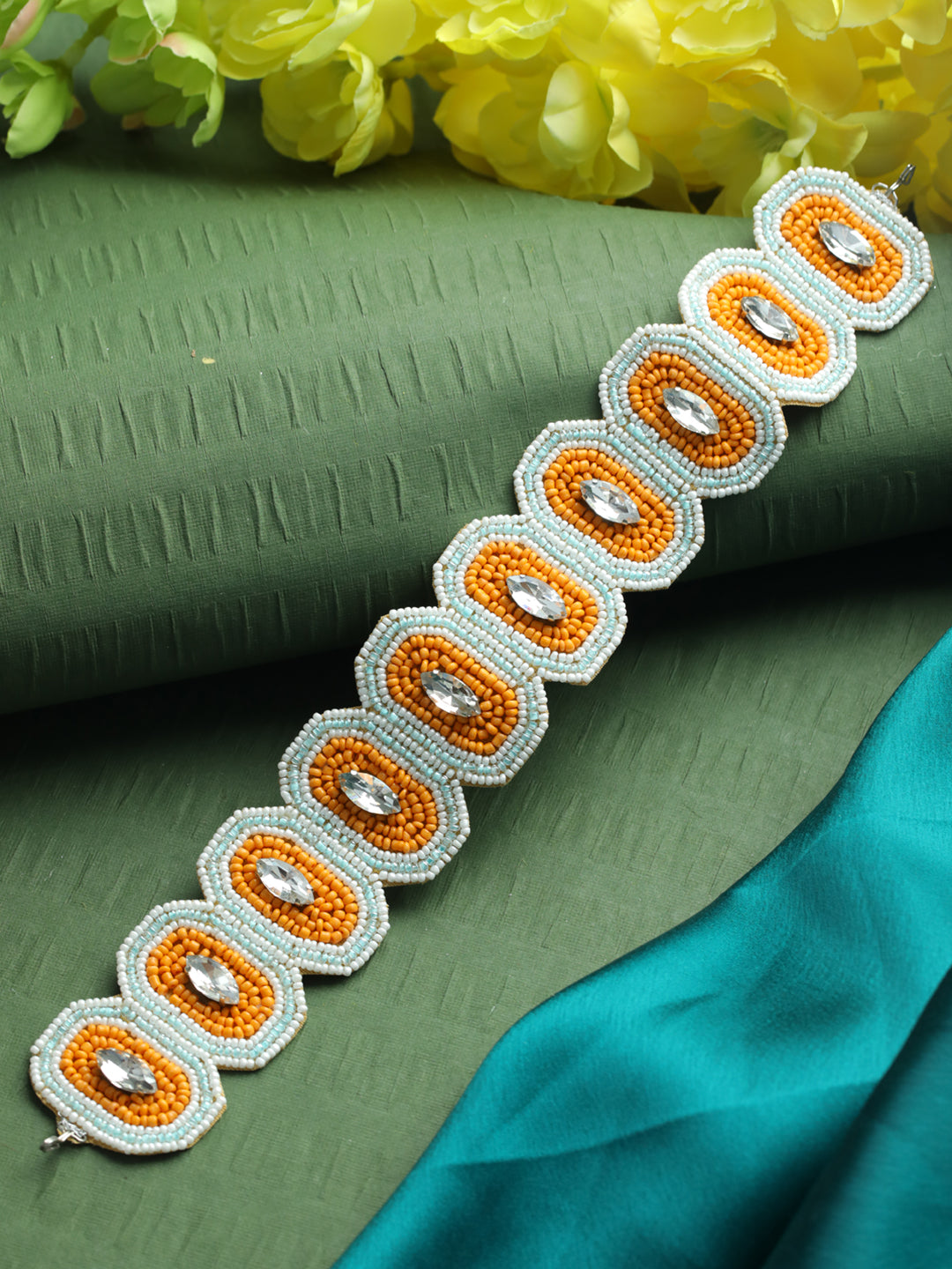 Orange Coloured & Gold-Toned Beaded Sequinned Headband