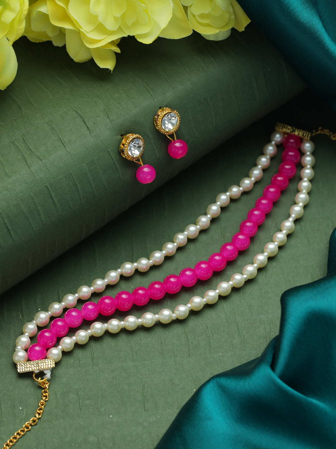 Pink-Coloured Gold-Plated Pearl Choker Necklace