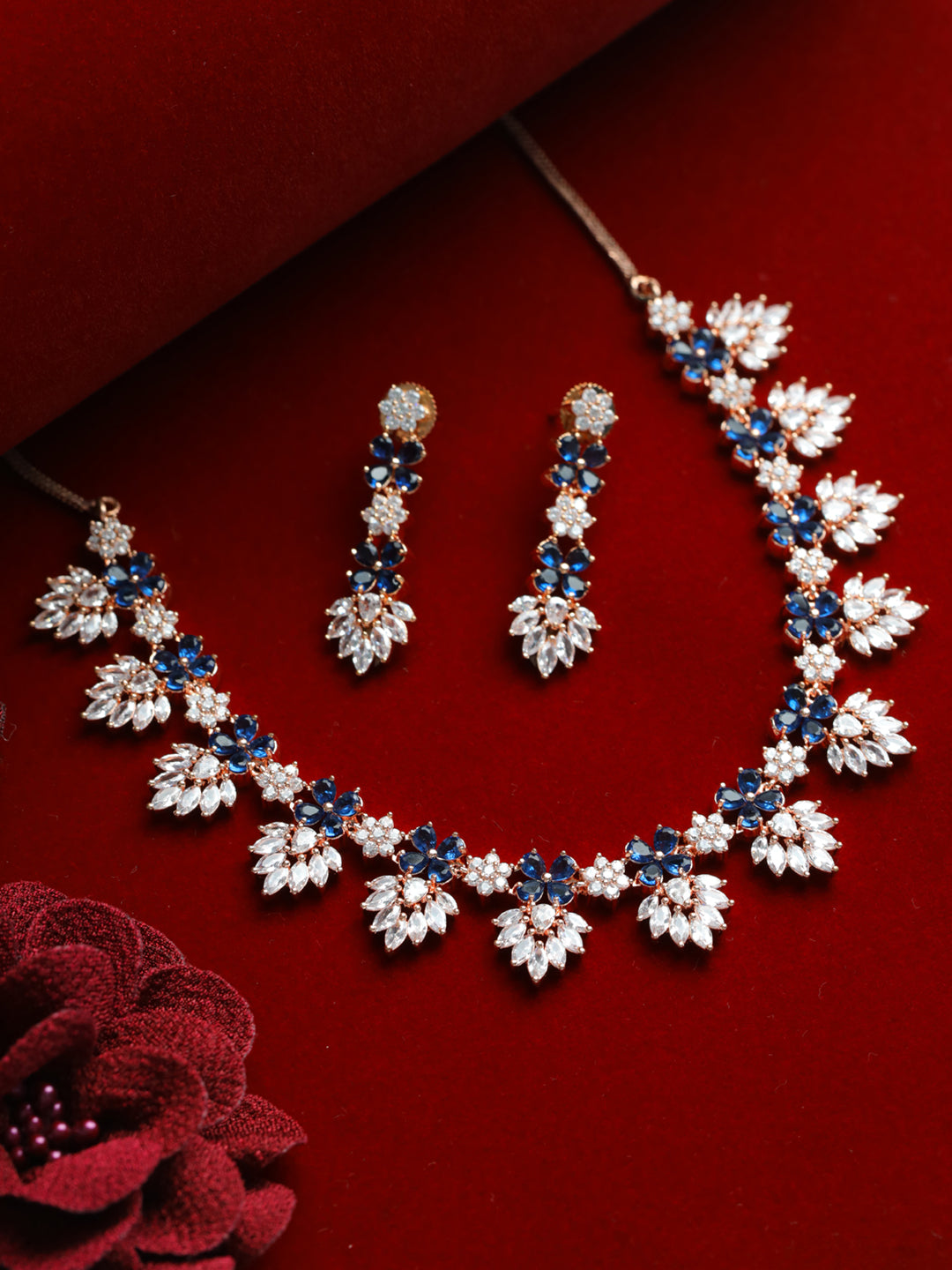 Rose Gold-Plated Blue & White Ameriacna Diamond & Cz-Studded Floral Jewellery Set