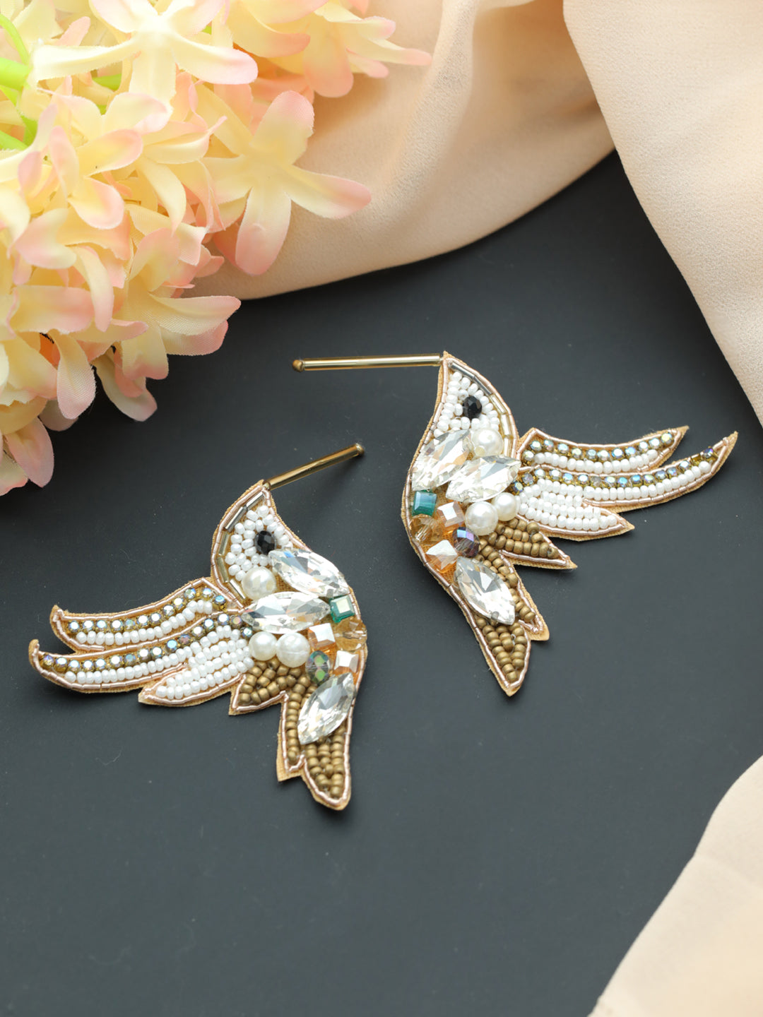 Gold Toned Beads & White Crystals Studded Contemporary Bird Shaped Earrings