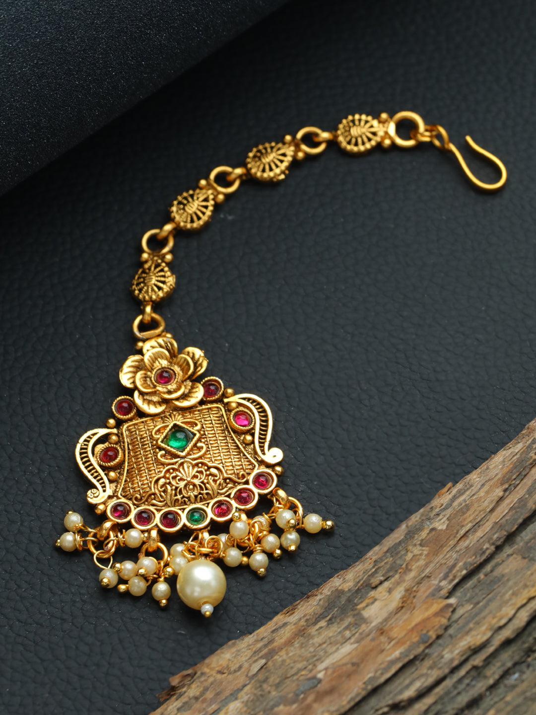 Gold-Plated Green & Red Stone-Studded & Beaded Floral Temple Maang Tikka