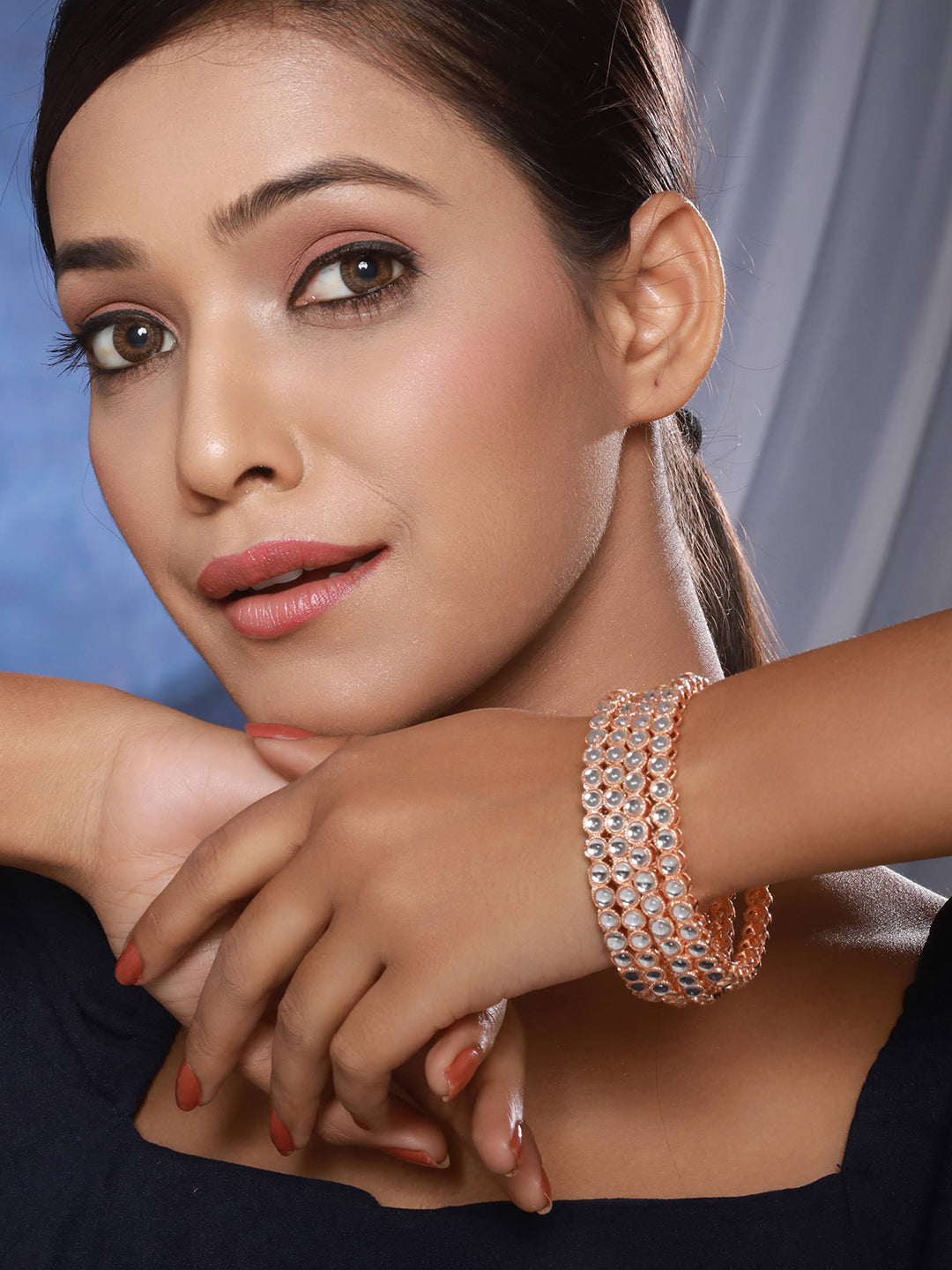 Set Of 4 Rose Gold-Plated Kundan-Studded Bangles