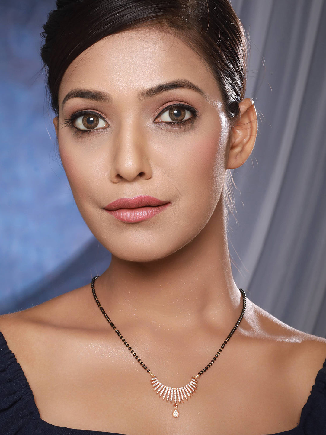 Rose Gold Plated American Diamond Stone Studded & Beaded Mangalsutra