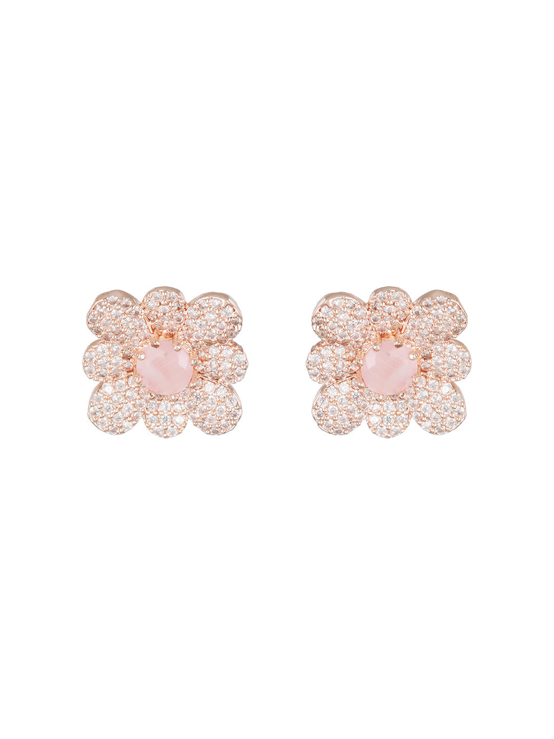 Rose Gold Plated & Pink Ad-Studded Floral Studs Earrings