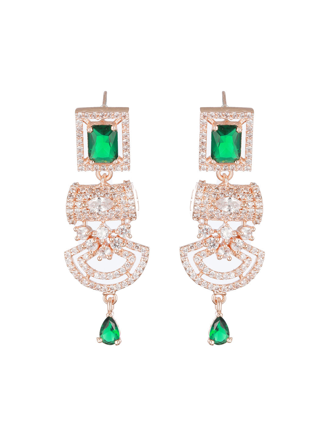 Green & Rose Gold Plated Ad Studded Rectangular Drop Earrings