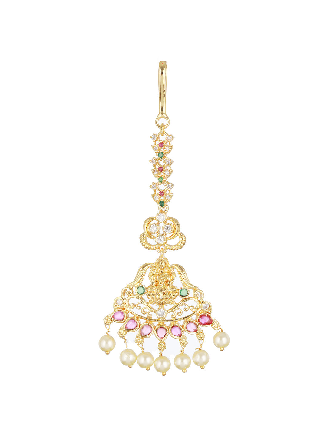 Gold-Plated Red & Green Ad Studded & Pearl Laksmi Maang Tikka