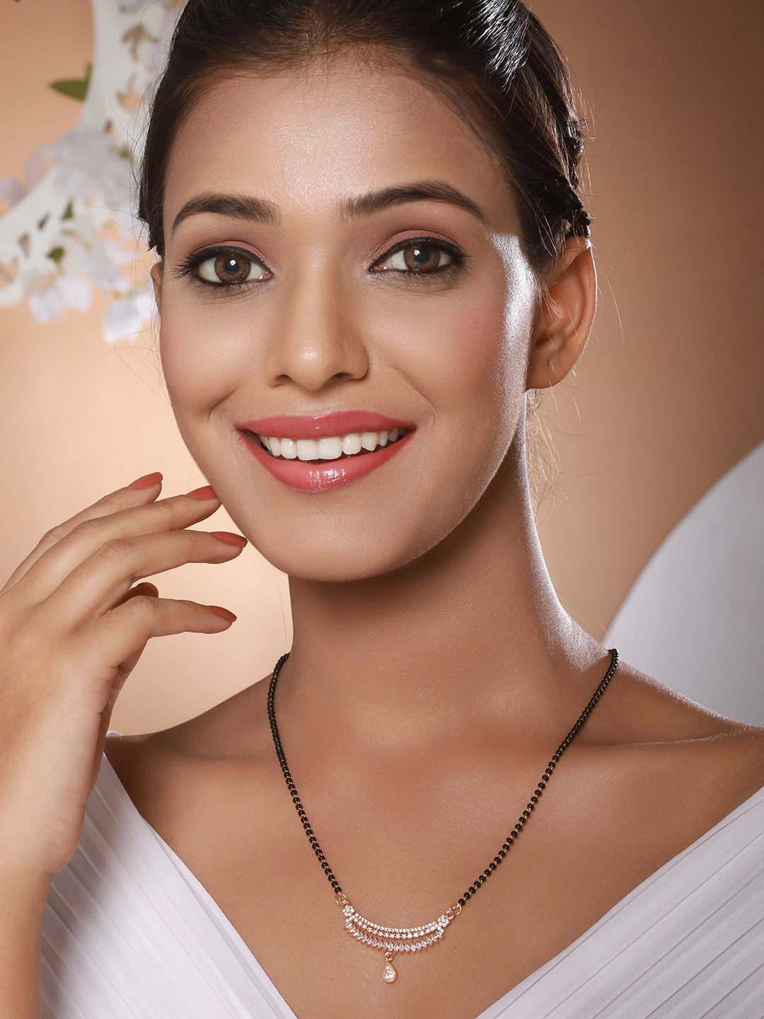 Rose Gold Plated Cubic Zirconia Stone Studded & Beaded Mangalsutra