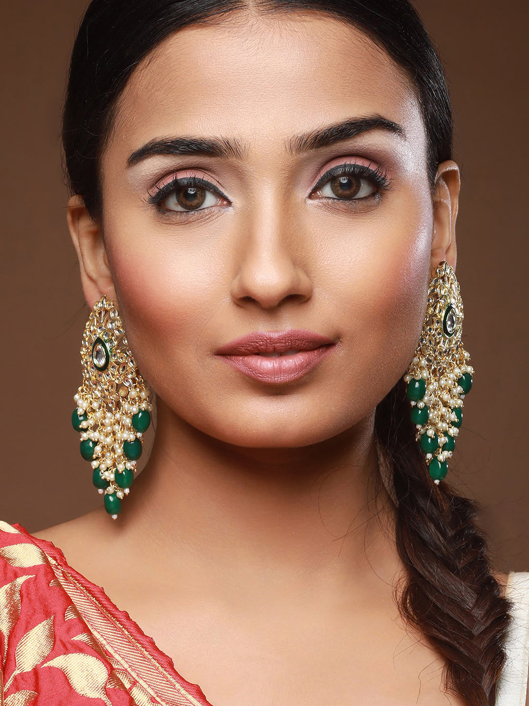 Green Gold Plated Kundan Studded & Beaded Meenakari Drop Earrings