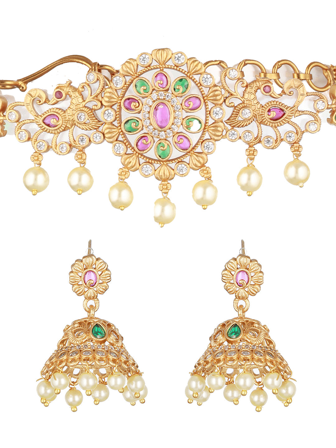 24K Gold-Plated Ad Studded & Artificial Beaded Jewellery Set