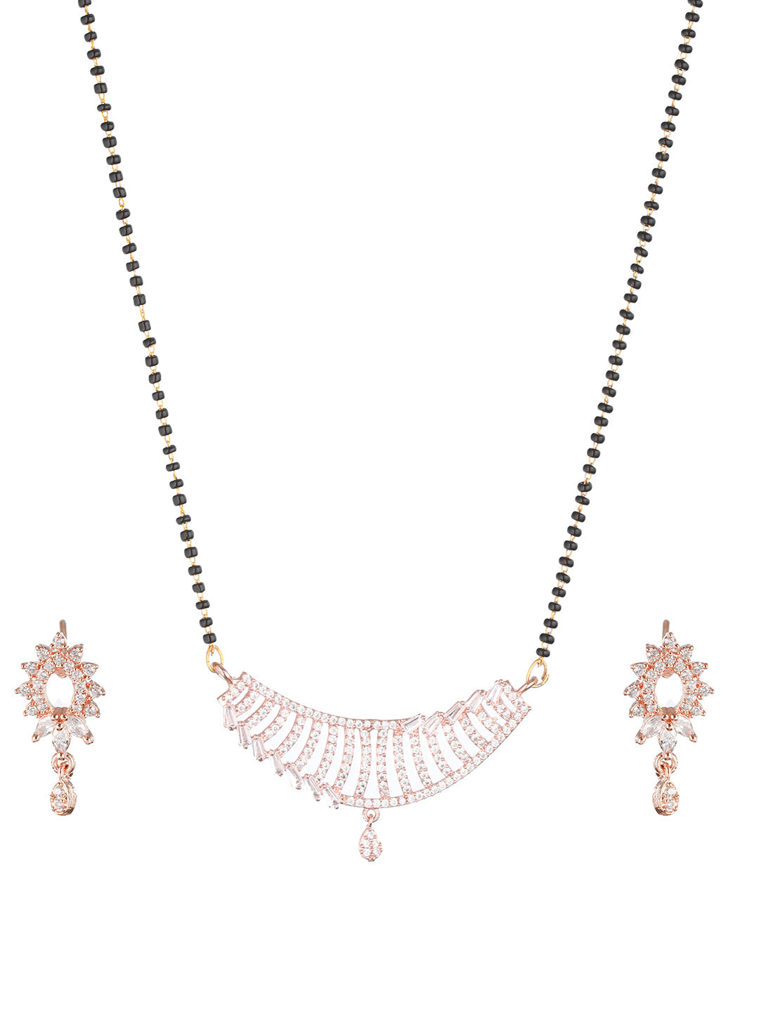 Rose Gold-Plated Black Beaded & Cz Stone-Studded Mangalsutra With Earrings