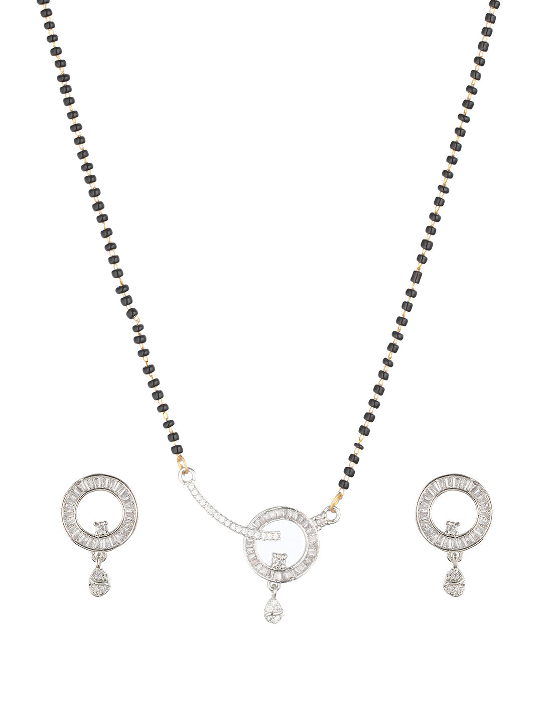 Rhodium-Plated Black American Diamond-Studded & Beaded Mangalsutra With Earrings