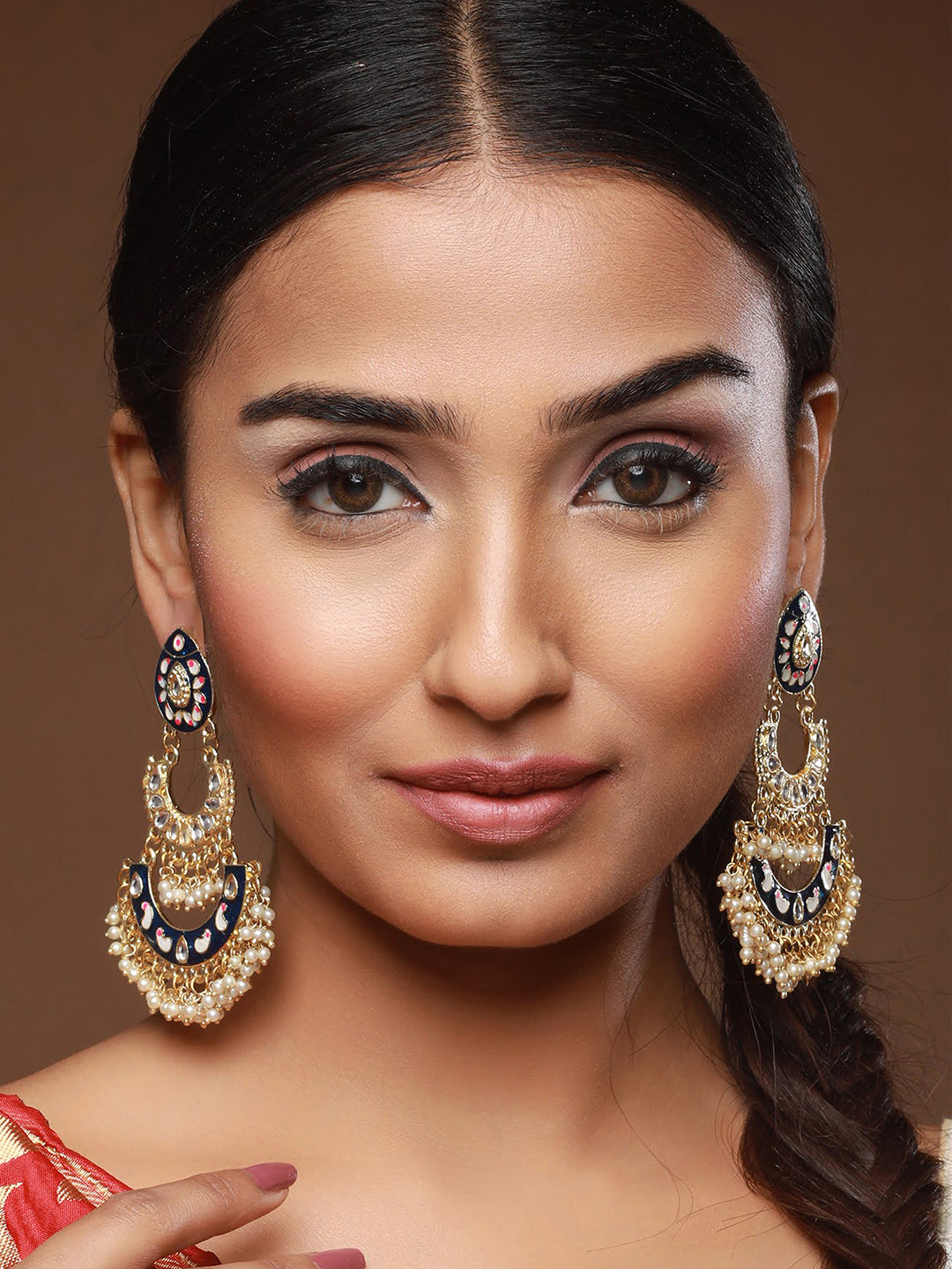 Blue Gold-Plated Meenakari & Pearls Beaded Chandbalis Earrings