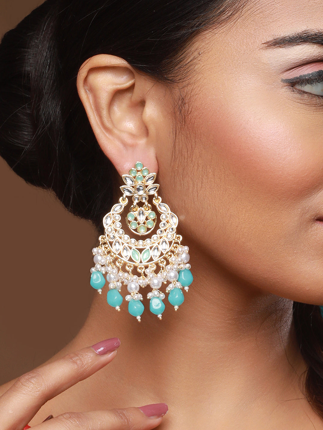 Gold-Plated & Green Kundan Classic Chandbalis Earrings