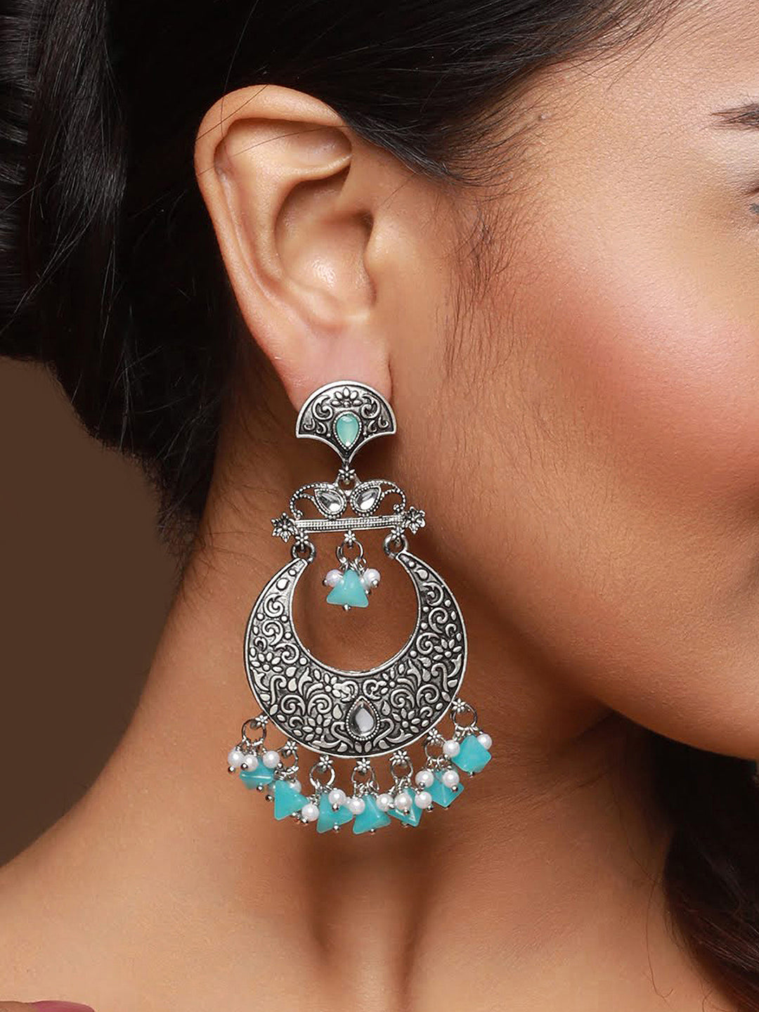 Oxidised Silver-Toned & Blue Stone Studded Chandbali Earrings