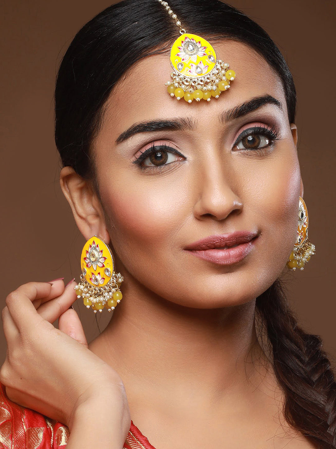 Gold-Plated Pink Meenakari Kundan-Studded & Beaded Yellow Maangtikka With Drop Earrings