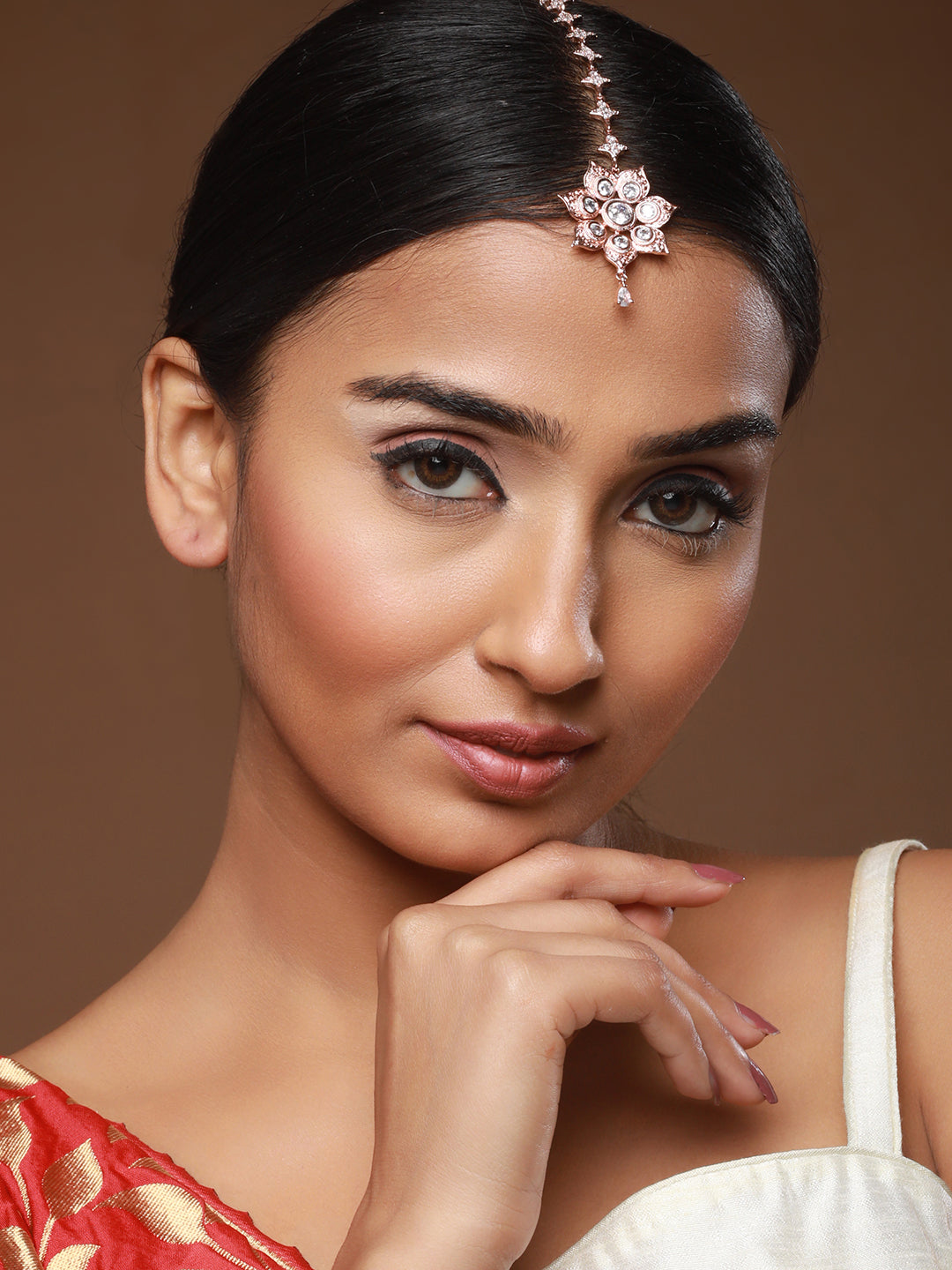 Rose Gold-Plated White Ad-Studded Handcrafted Floral Maang Tikka