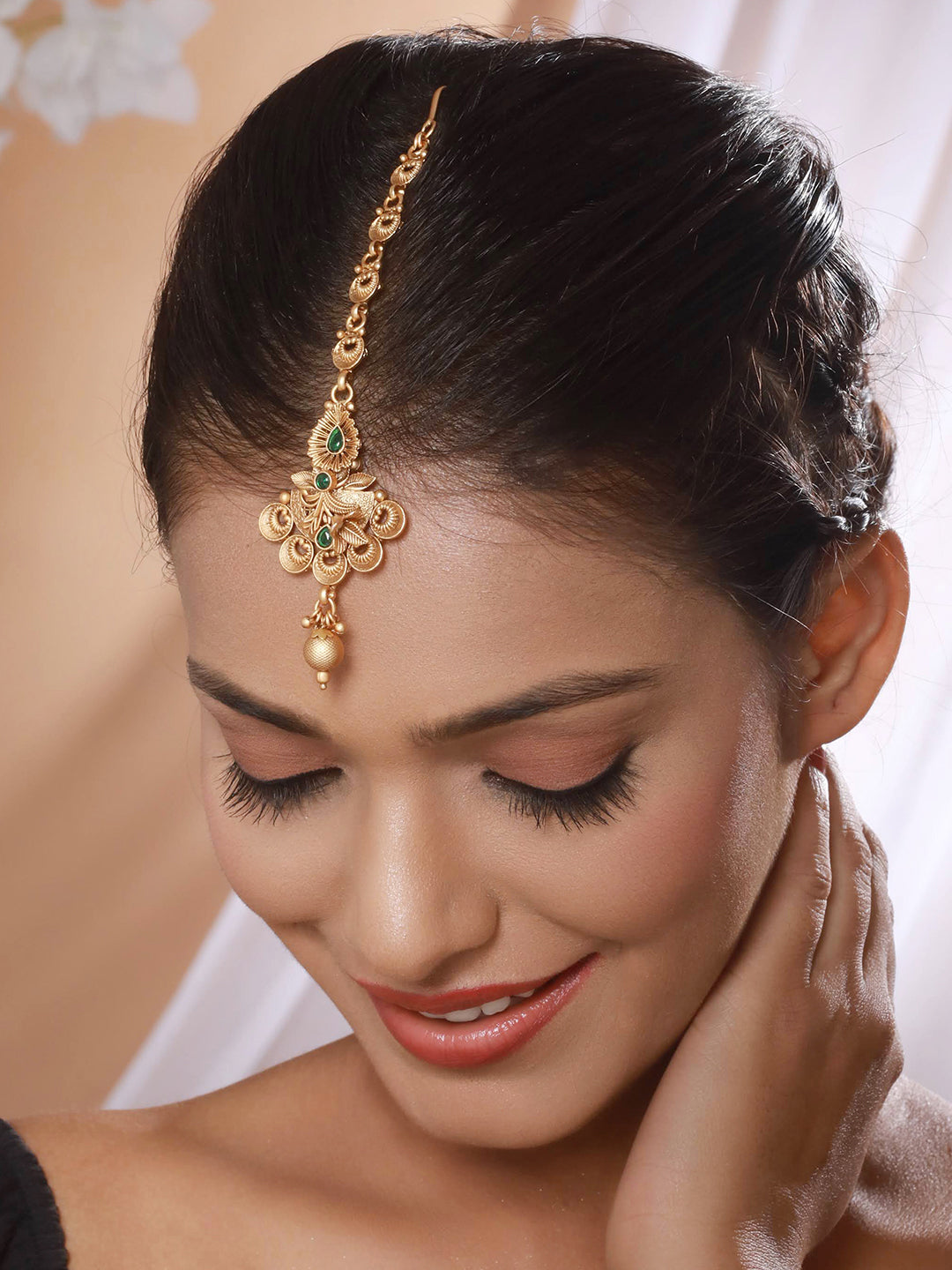 Gold-Plated Green Stone Studded Handcrafted Temple Maang Tikka