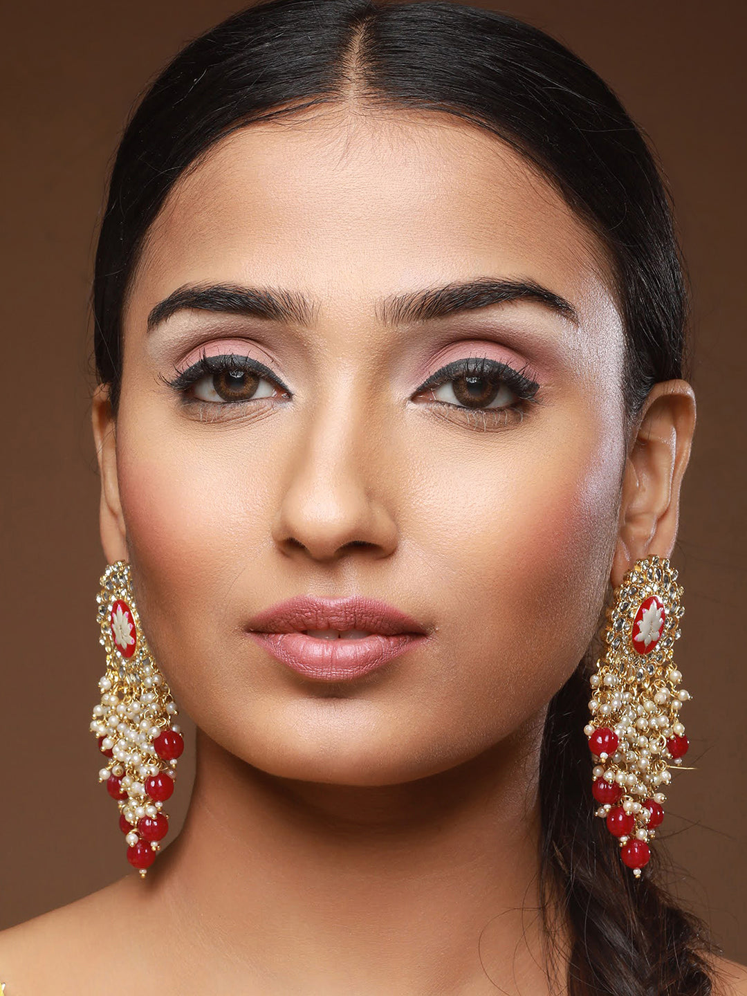 Maroon Gold Plated &Cz Studded & Beaded Meenakari Drop Earrings