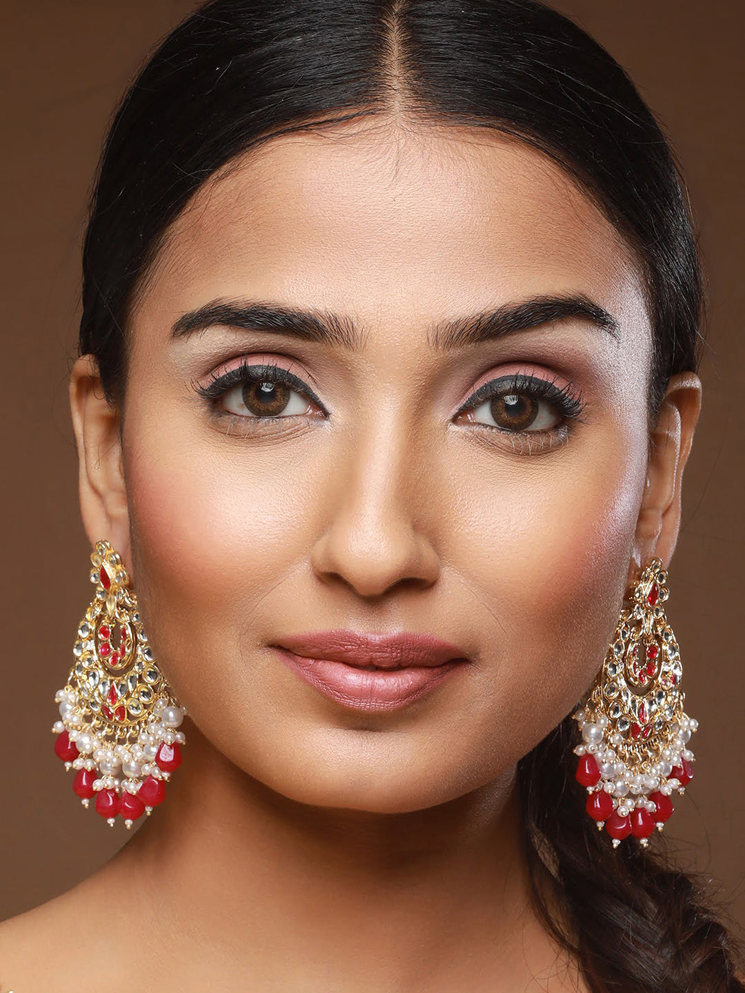 Gold-Plated & Red Kundan Classic Chandbalis Earrings