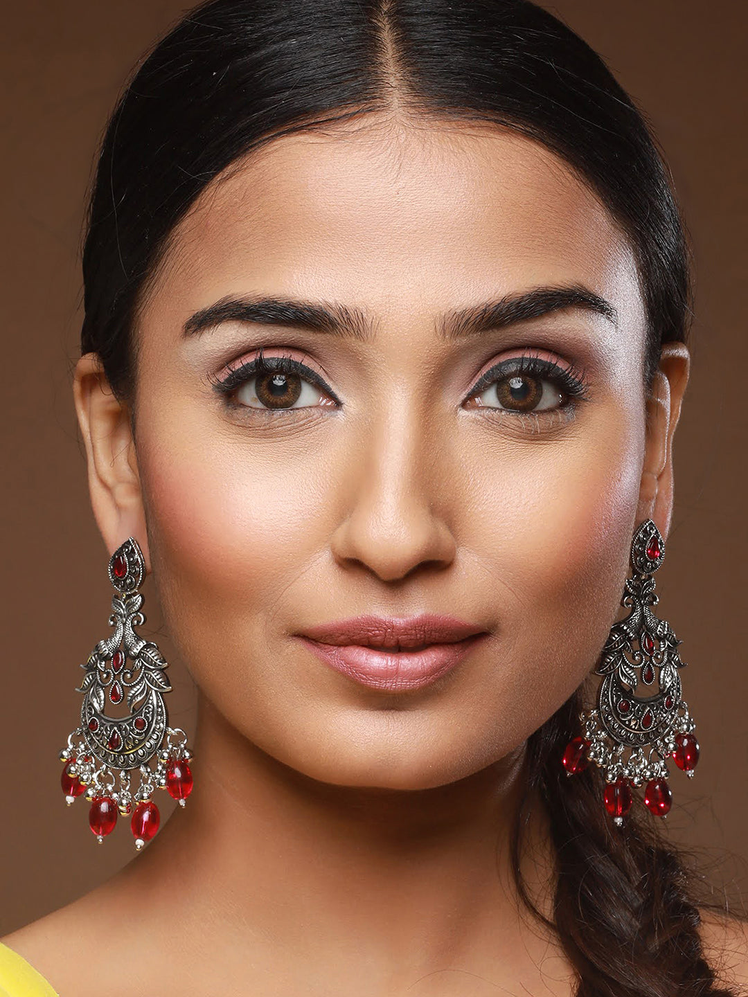 Red Silver-Plated Kundan Studded Peacock Shaped Chandbalis