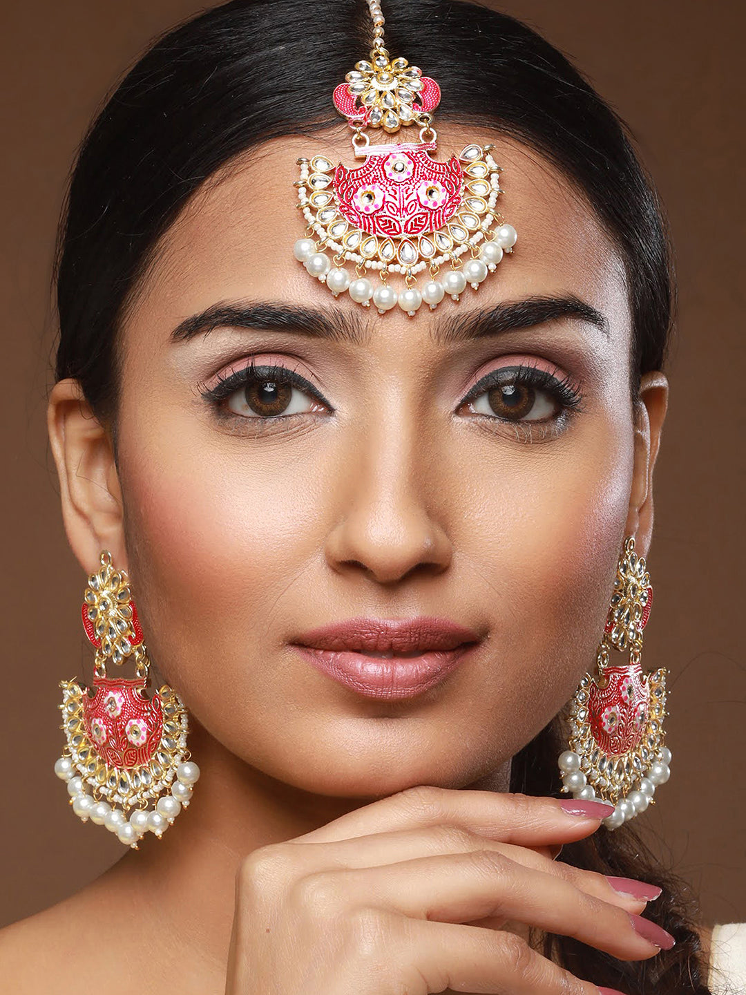 Gold-Plated Meenakari Kundan-Studded & Beaded Maangtikka With Earrings