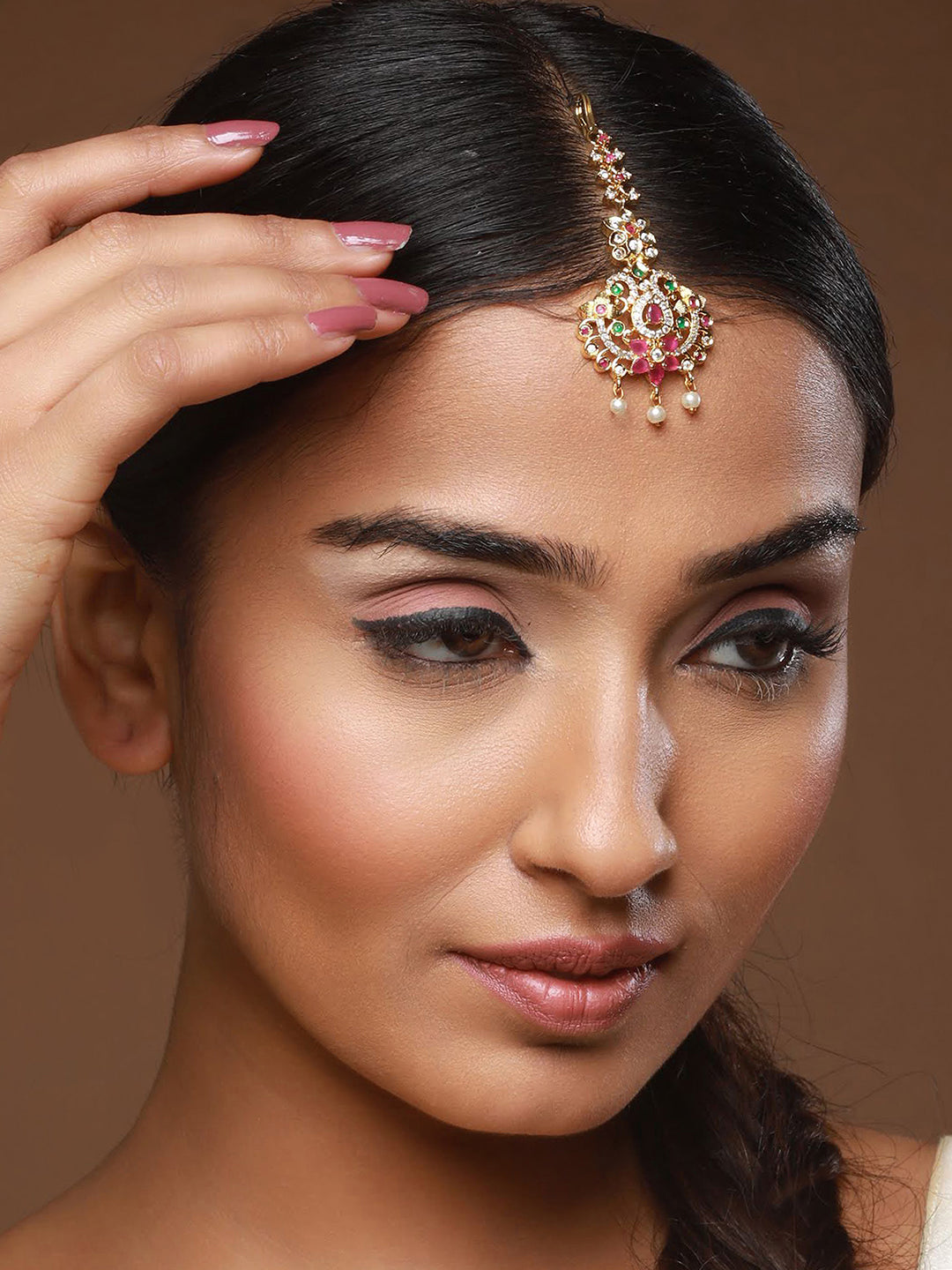 Jazz And Sizzle Gold-Plated Maroon & Green American Diamond-Studded & Beaded Handcrafted Maang tikka