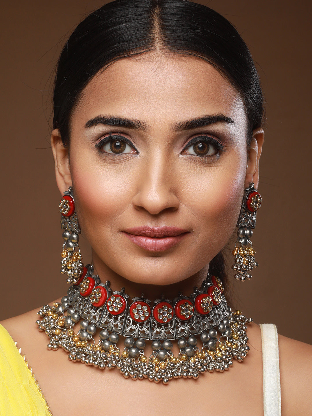 Oxidized Beaded & Kundan Studded Choker Necklace With Earrings