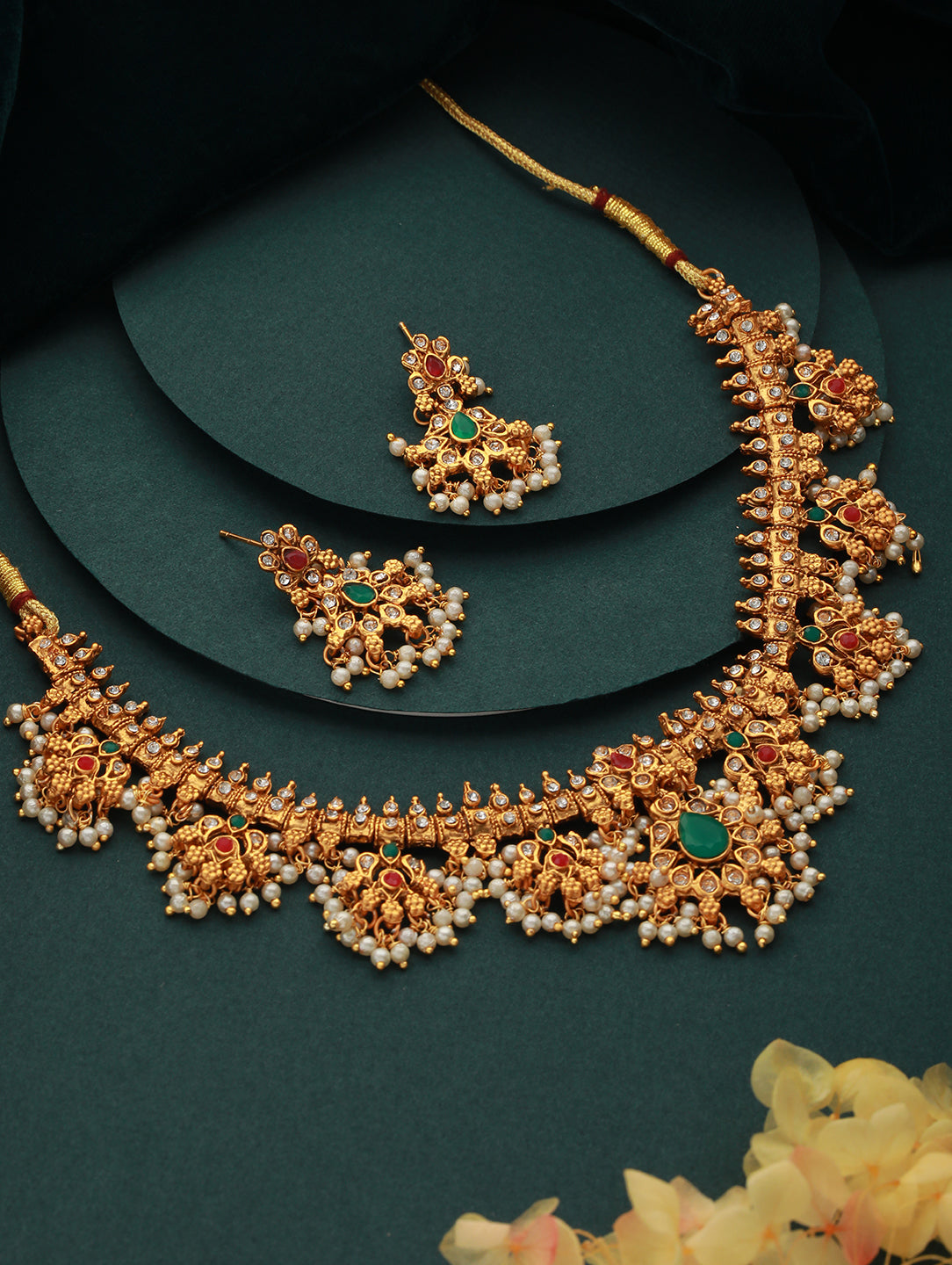 Gold-Plated Stone-Studded & Beaded Necklace & Earrings