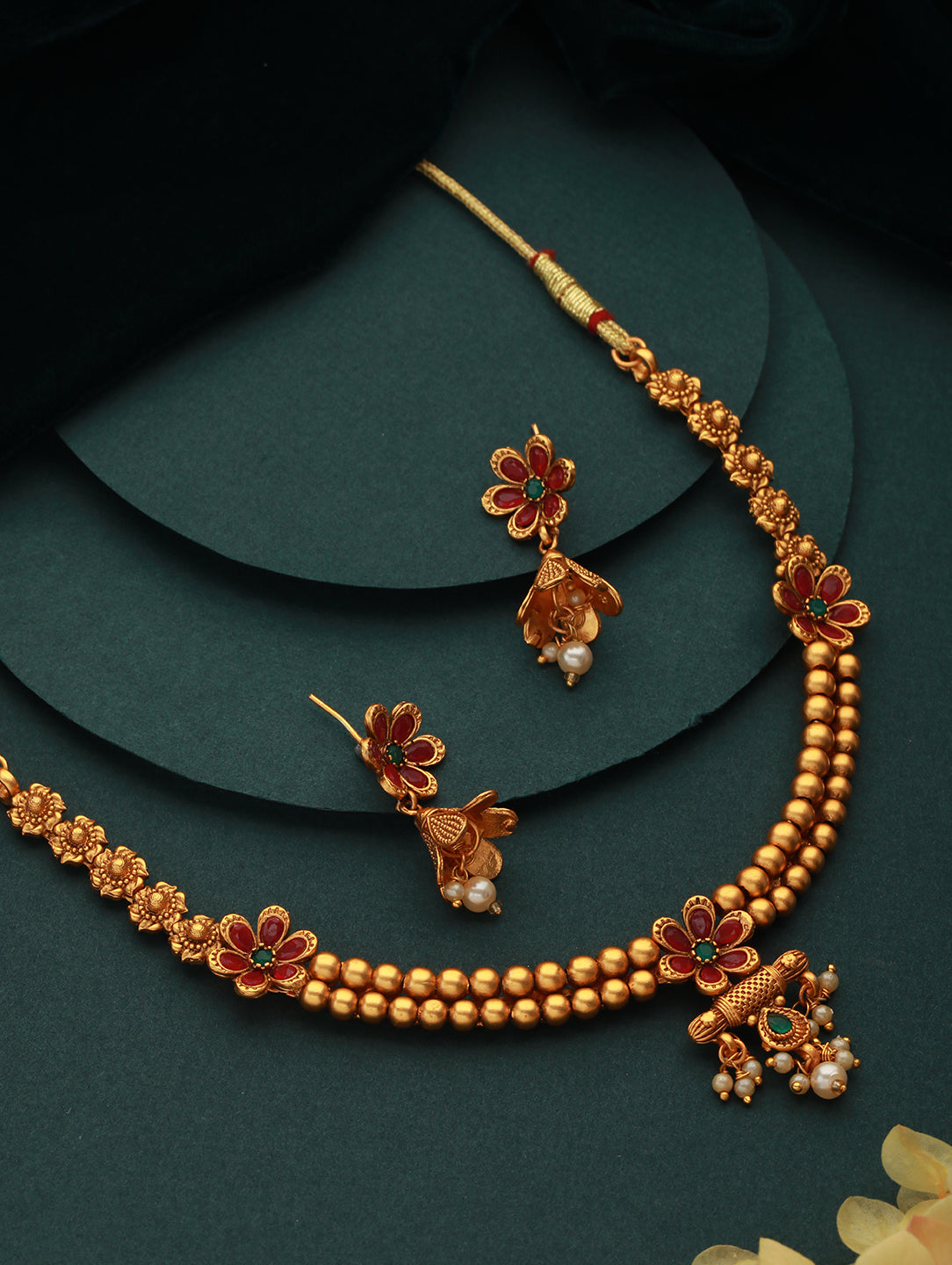 Gold-Plated Stone-Studded & Beaded Temple Necklace & Earrings