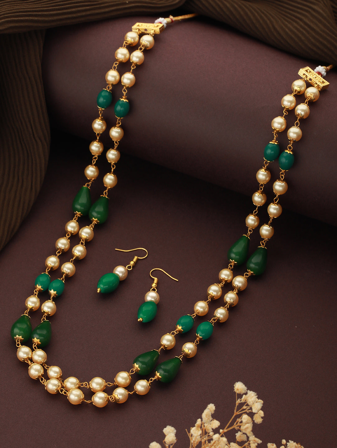 Gold-Plated Beaded Layered Necklace & Earrings
