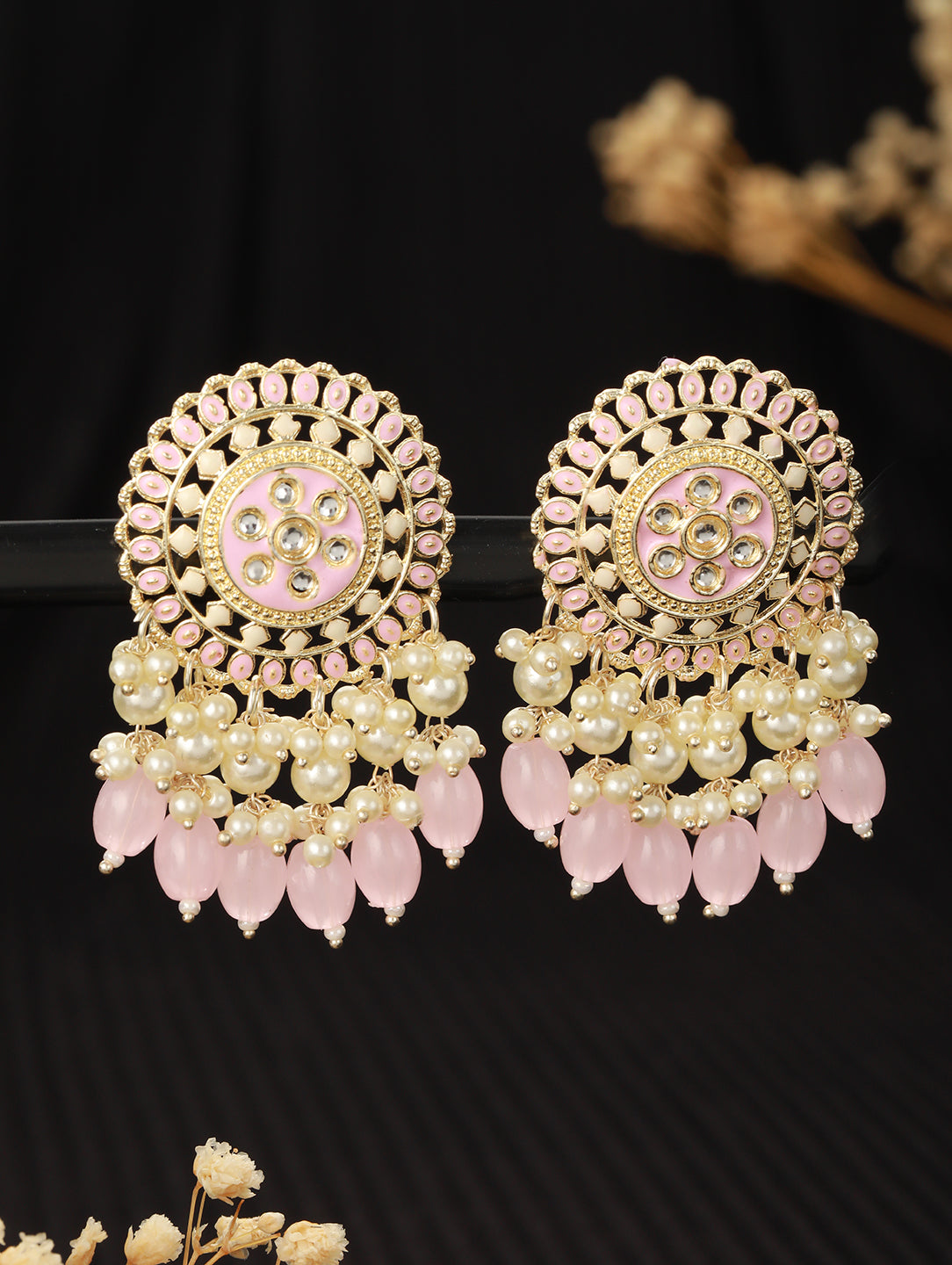 Gold-Plated & Pink Enameled & Pearl Beaded Contemporary Drop Earrings