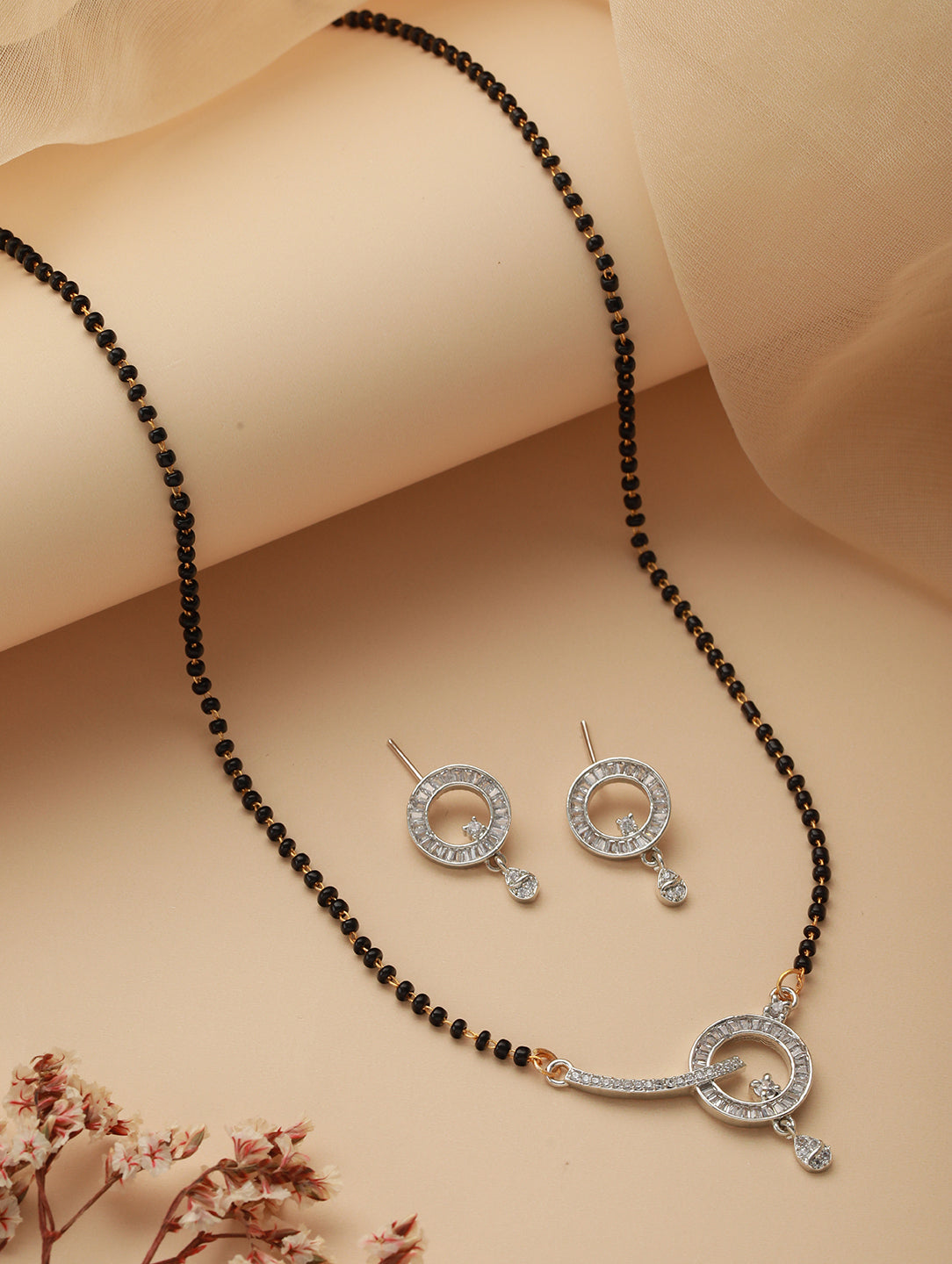 Rhodium-Plated Black American Diamond-Studded & Beaded Mangalsutra With Earrings