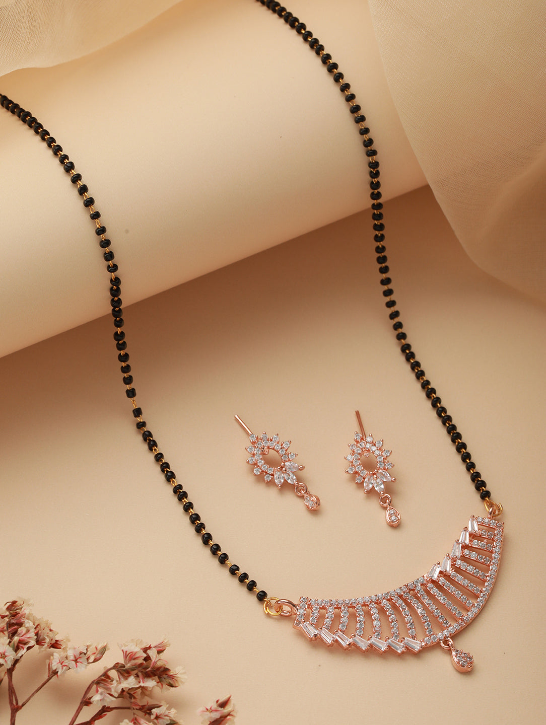 Rose Gold-Plated Black Beaded & Cz Stone-Studded Mangalsutra With Earrings