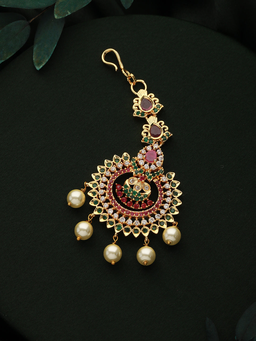 24K Gold-Plated Red & Green Stone-Studded & White Ad Studded Temple Maangtika