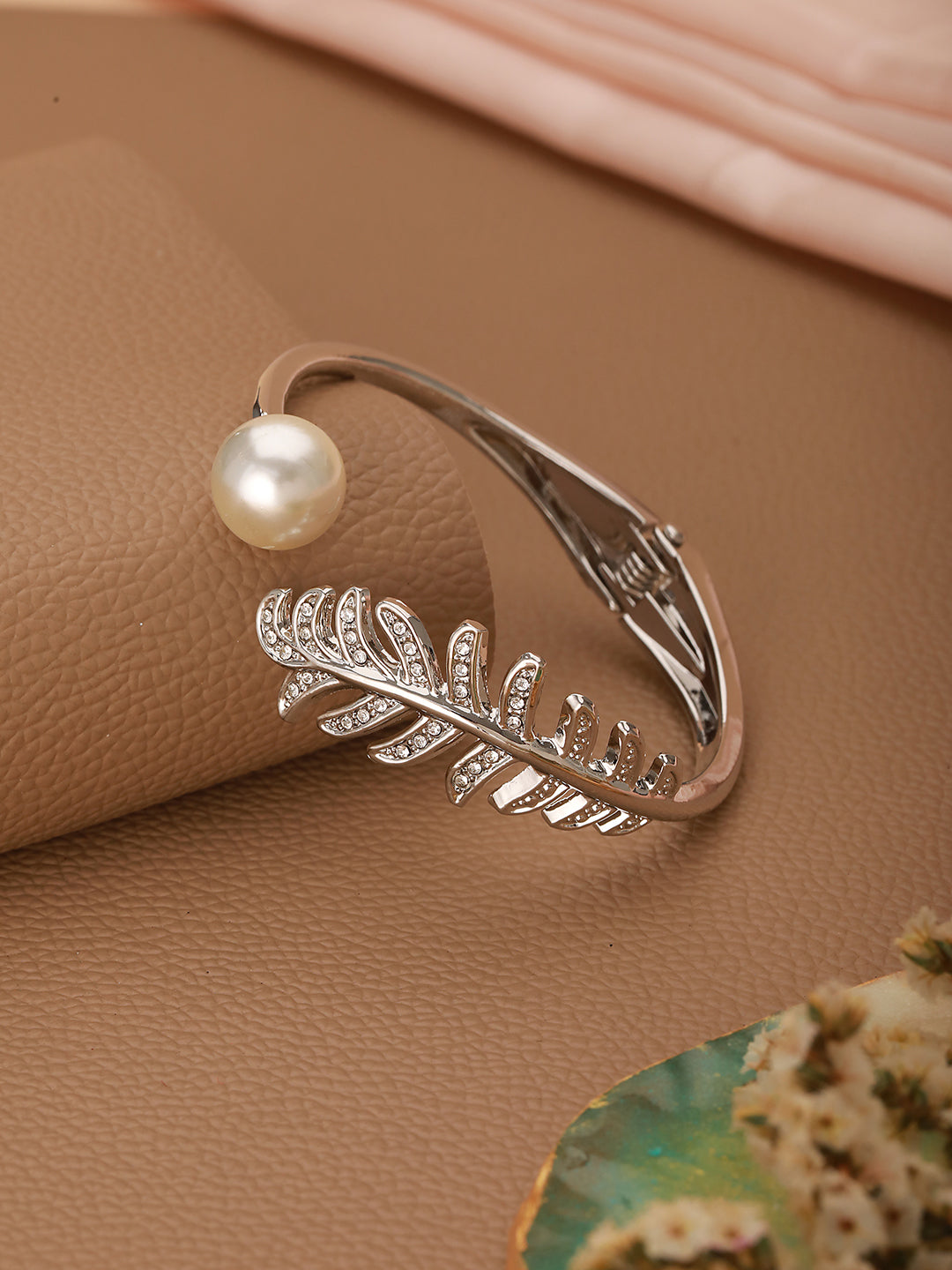 Women Silver-Toned & White Brass Pearls Silver-Plated Cuff Bracelet
