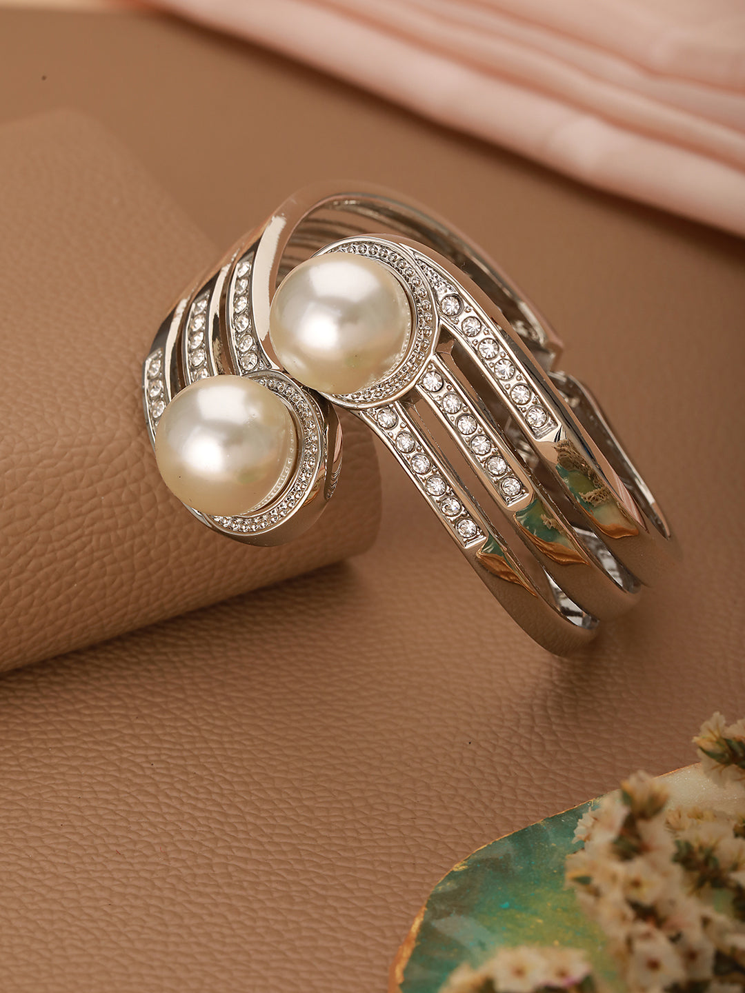Silver-Plated Cz Studded White Pearls Cuff Bracelet