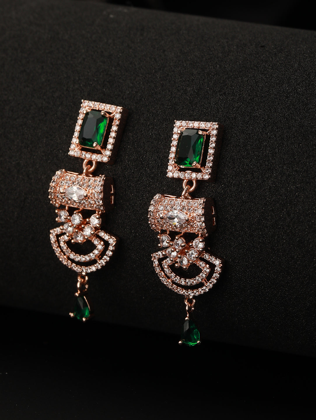 Green & Rose Gold Plated Ad Studded Rectangular Drop Earrings
