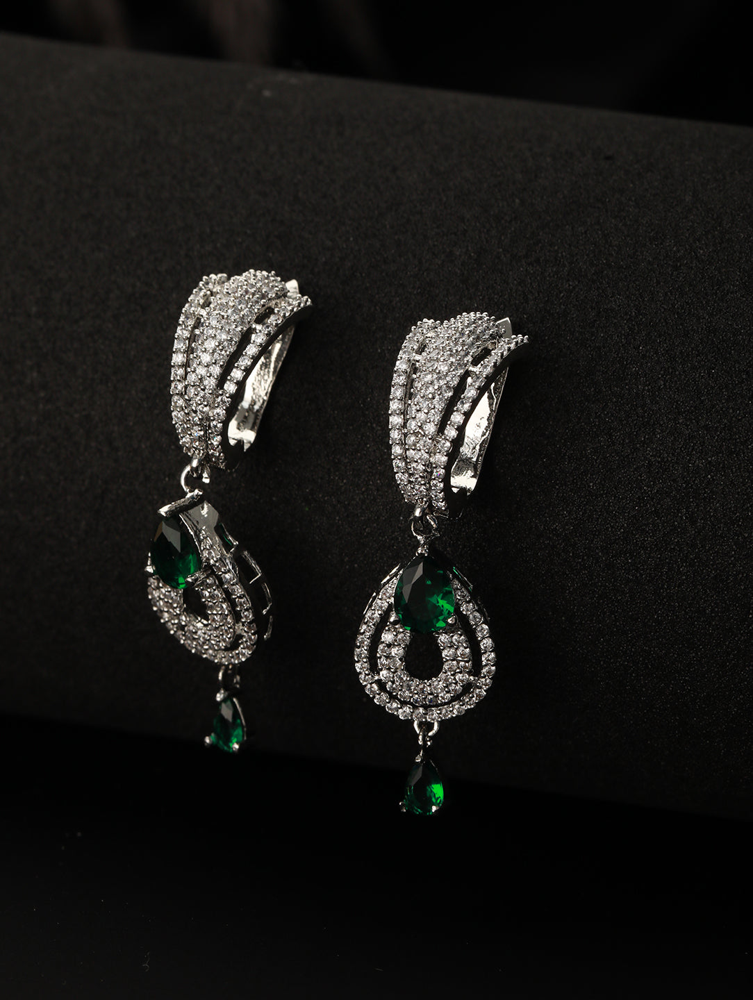 Green & White Rhodium Plated Ad Studded Teardrop Earrings