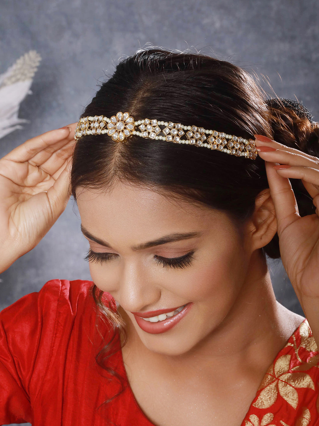 Gold-Plated Kundan & Pearl Studded Mathapatti