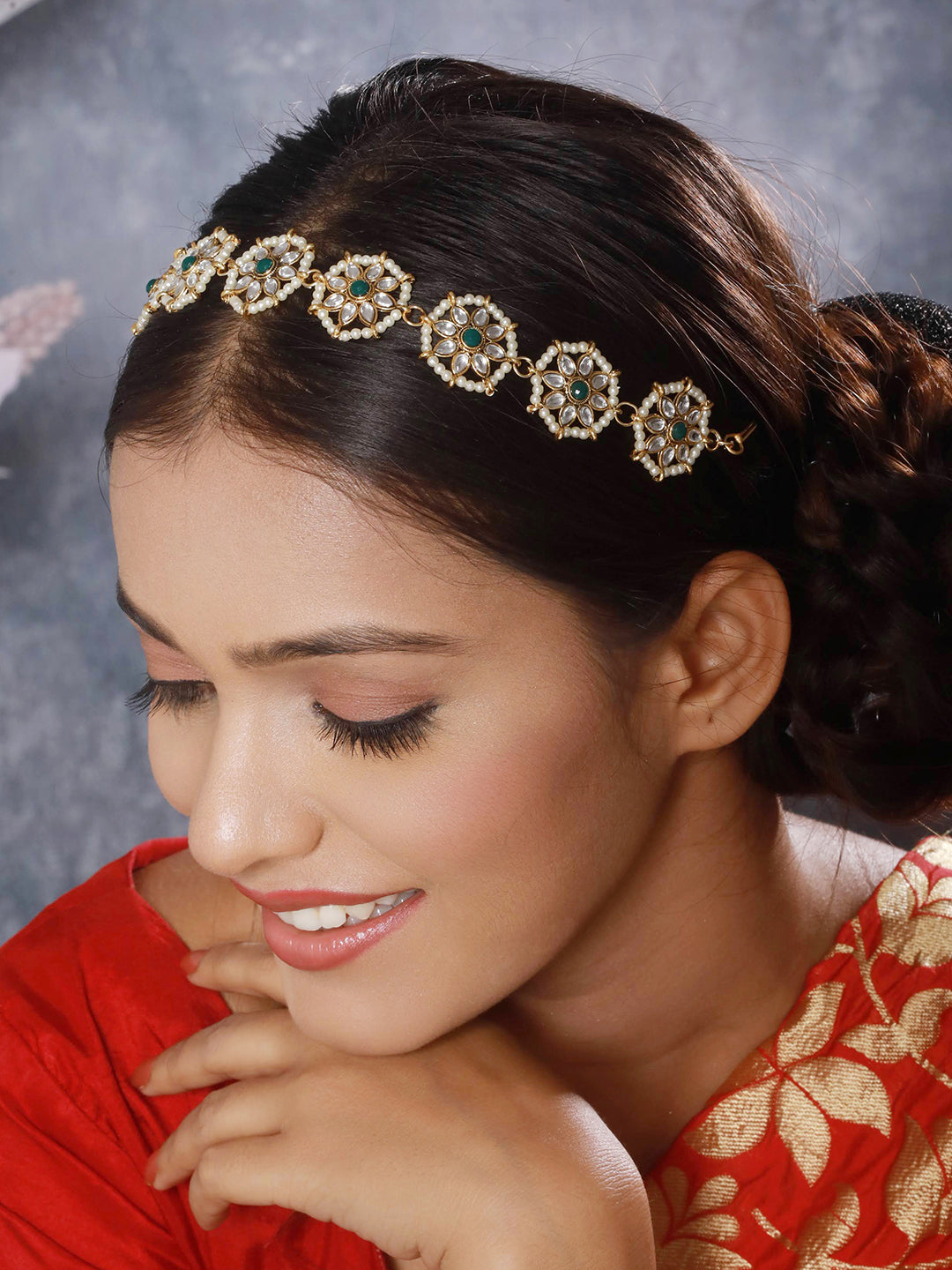 Gold-Plated Green Kundan & Pearl Studded Sheeshphool Mathapatti