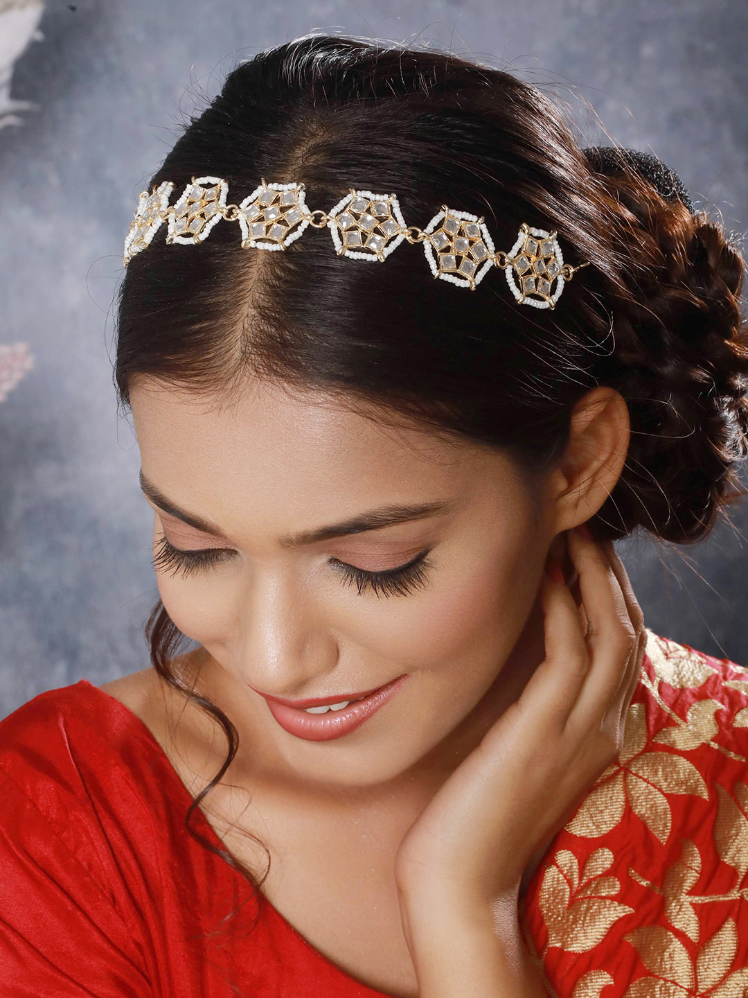 Gold-Plated White Kundan & Pearl Studded Sheeshphool Mathapatti