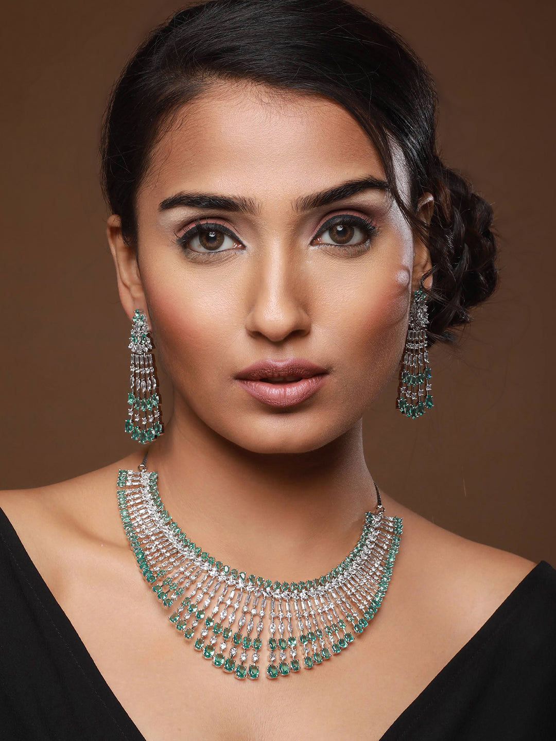 Silver-Plated Ad Stone-Studded Layered Jewellery Set
