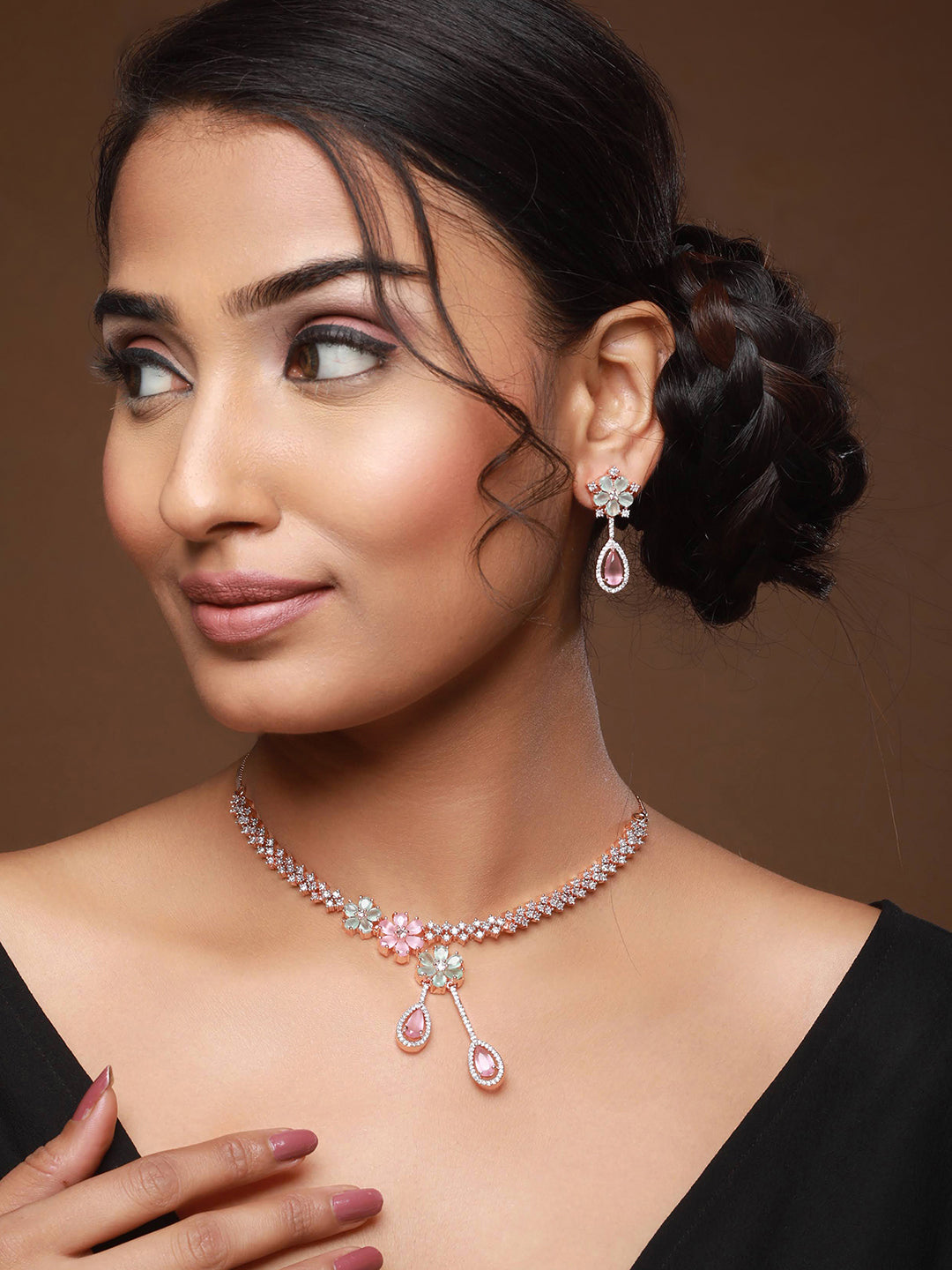 Rose Gold-Plated Ad-Studded & Beaded Jewellery Set