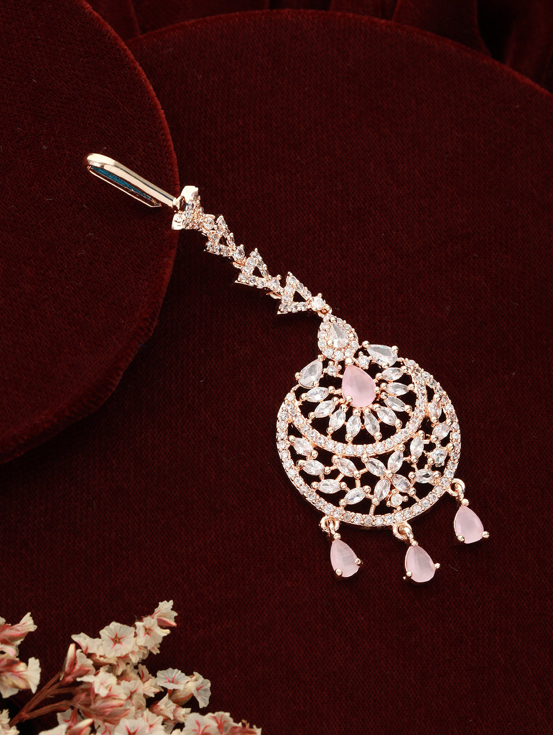 Rose Gold-Plated Pink & White Ad-Studded Handcrafted Maang Tikka
