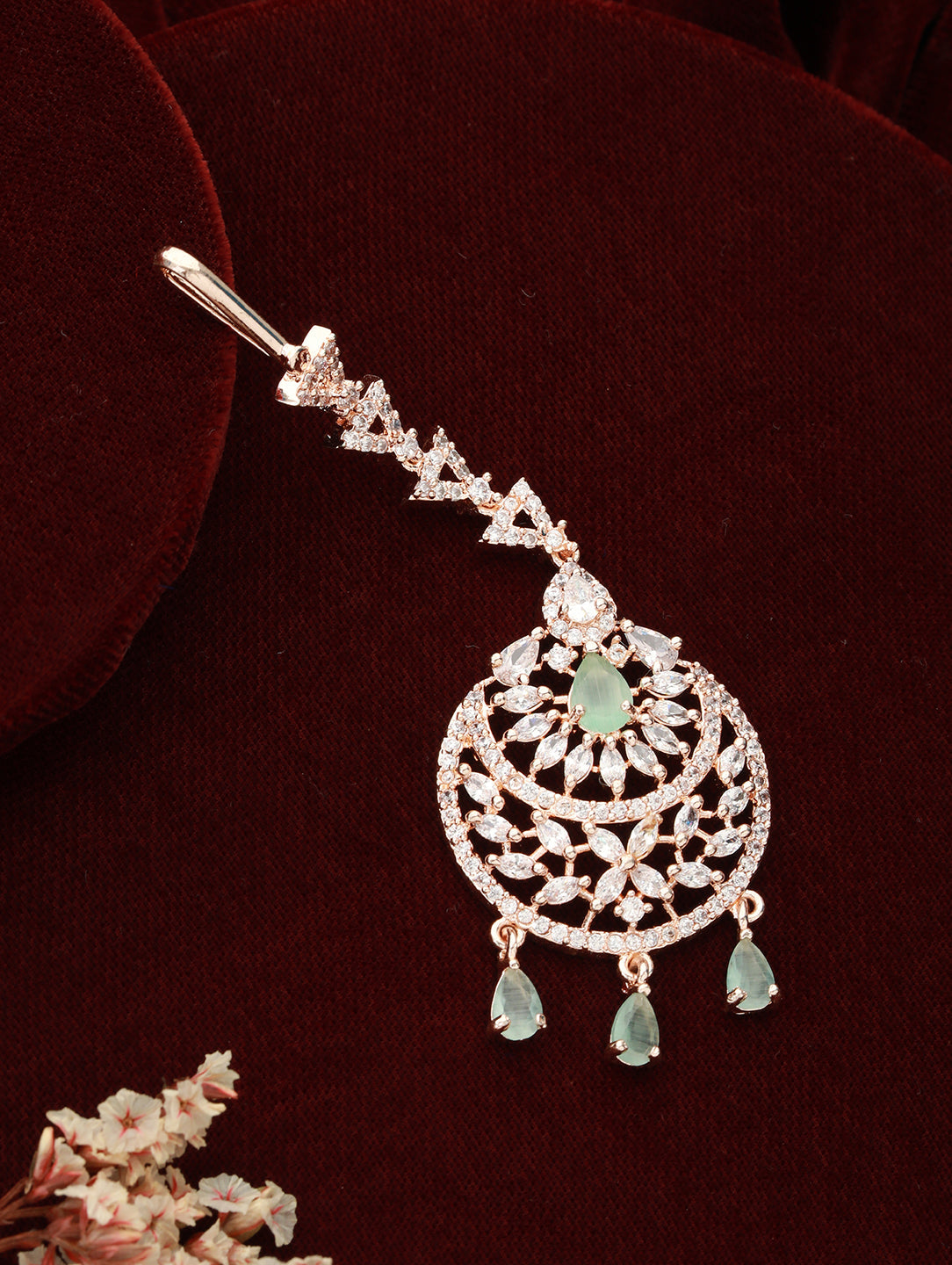 Rose Gold-Plated Green & White Ad-Studded Handcrafted Maang Tikka