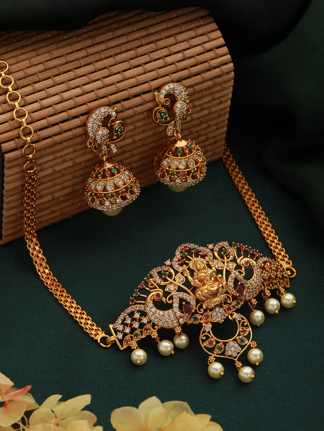 22K Gold-Plated Stone Studded & Beaded Jewellery Set
