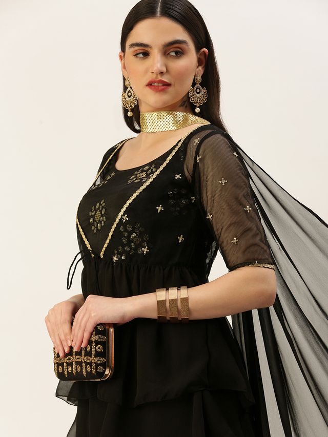 Bollywood Vogue Ready To Wear Black Chinon Embroidered N Sequins Gharara Set
